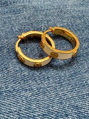 Tory Burch Gold and Ivory Hoop Huggie Earrings